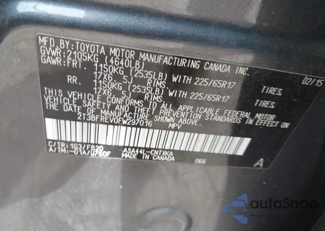 2015 Toyota Rav4 Le z USA, uszkodzony, nr VIN 2T3BFREV0FW297016